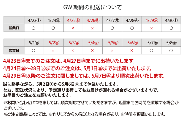 GW期間の配送スケジュール